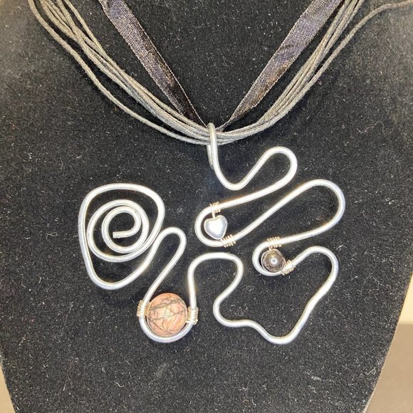 Artisan Hammered Stainless Steel Swirl Pendant with Rhodonite and Hematite Beads - Picture 8 of 8